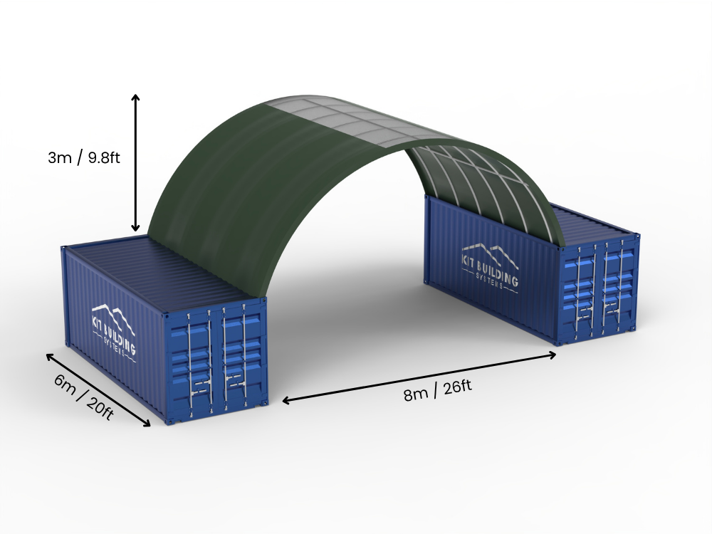 Portée de 8m (26ft) | Auvents pour conteneurs 26ft de largeur, 10ft de hauteur (8m x 3m)